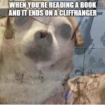 I hate it sm | WHEN YOU'RE READING A BOOK AND IT ENDS ON A CLIFFHANGER | image tagged in dog flashback | made w/ Imgflip meme maker