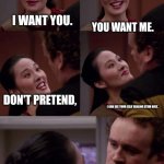 DS9 play | YOU WANT ME. I WANT YOU. DON'T PRETEND, I CAN SEE YOUR SELF SEALING STEM BOLT. IN 30 SECONDS,  IT'S GOING TO BE A HYPERSPANNER! | image tagged in keiko and miles | made w/ Imgflip meme maker