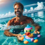Man swims with baby toy in Ocean
