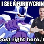 tell me im wrong | ME WHEN I SEE A FURRY/CRINGE MEME: | image tagged in this post right there officer,dbz cooler | made w/ Imgflip meme maker