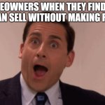 Michael scott real estate meme | HOMEOWNERS WHEN THEY FIND OUT THEY CAN SELL WITHOUT MAKING REPAIRS | image tagged in michael scott | made w/ Imgflip meme maker