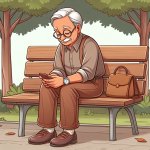 grandpa sitting alone on park bench holding a bag