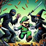 Luigi being stabbed by a ninja and a witch