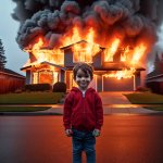 House on fire with kid in the foreground smiling innocently