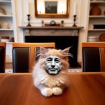 A kitten with a man´s face sitting on a table meme