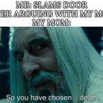 Guess ill die | ME: SLAMS DOOR AFTER ARGUING WITH MY MOM.
MY MOM: | image tagged in so you have chosen death,funny,memes,meme,relatable | made w/ Imgflip meme maker