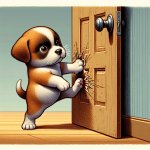serious looking puppy kicking door down
