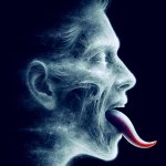 a woman ghost with tongue hanging out of mouth