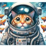 perplexed-looking cat donned in a full astronaut suit, complete