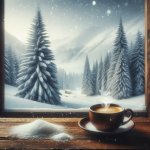 cup of coffee on table in show and snow covered trees and mounta