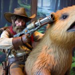 arthur morgan riding a beaver while shooting a raygun