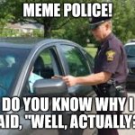 Meme police | MEME POLICE! DO YOU KNOW WHY I SAID, "WELL, ACTUALLY?" | image tagged in traffic stop | made w/ Imgflip meme maker