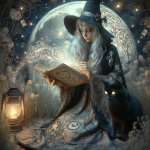 witch doing magic with her cat