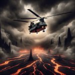 chinook helicopter flying over lava