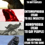 Dumb phobias: From arachnophobia to apeirophobia | ARACHNOPHOBIA
(FEAR TO SPIDERS); CYNOPHOBIA
(FEAR TO DOGS); CLAUSTROPHOBIA
(FEAR TO SMALL PLACES); PYROPHOBIA
(FEAR TO FIRE); LEPIDOPTEROPHOBIA
(FEAR TO BUTTERFLIES; ENTOMOPHOBIA
(FEAR TO ALL INSECTS); HOMOPHOBIA
(FEAR TO GAY PEOPLE); HELIOPHOBIA
(FEAR TO THE SUN); SELENOPHOBIA
(FEAR TO THE MOON); CYBERPHOBIA
(FEAR TO TECHNOLOGY); ANTROPOPHOBIA
(FEAR TO PEOPLE); COPROPHOBIA
(FEAR TO POOP); APEIROPHOBIA
(GUESS...) | image tagged in godzilla becoming idiot,phobia,homophobia,arachnophobia | made w/ Imgflip meme maker