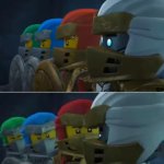 Ninjago all ninjas looking at zane