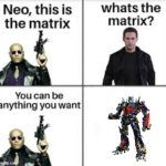 "Freedom is the right of all sentient beings" | image tagged in neo this is the matrix,transformers,optimus prime | made w/ Imgflip meme maker