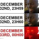 What if there is a December 33RD!!!!!!!!!!!! | DECEMBER 32ND, 23H59; DECEMBER 32ND, 23H60; DECEMBER 33RD, 00H00 | image tagged in not disappointed black guy | made w/ Imgflip meme maker