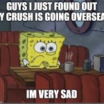sad spongebob | GUYS I JUST FOUND OUT MY CRUSH IS GOING OVERSEAS; IM VERY SAD | image tagged in sad spongebob | made w/ Imgflip meme maker