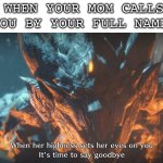 Uh oh | WHEN YOUR MOM CALLS YOU BY YOUR FULL NAME: | image tagged in when her highness sets her eyes on you it s time to say goodbye | made w/ Imgflip meme maker