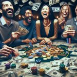 Pokertable with much money in the middle and a laughing woman an