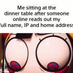 Nothing's wrong... | Me sitting at the dinner table after someone online reads out my full name, IP and home address | image tagged in gifs,memes,funny | made w/ Imgflip video-to-gif maker