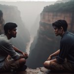 two guys sitting together on a ledge, dark, rainy, staring off i