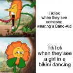 TikTok Community Guidelines make no sense | TikTok when they see someone wearing a Band-Aid; TikTok when they see a girl in a bikini dancing | image tagged in sunflower,tiktok | made w/ Imgflip meme maker