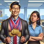 guy winning multiple medals in front of his sad girl coworker