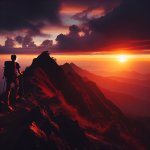 Photo silhouette of man hiking to mountain peak sunset dramatic