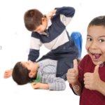 Boy with his thumbs up while two other kids are fighting in BG