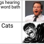 *screems* | Dogs hearing the word bath; Cats | image tagged in memes,blank comic panel 2x2,funny,berserk | made w/ Imgflip meme maker