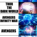 Best Marvel MOVIES of all time | BLACK PANTHER; ANT-MAN; THOR THE DARK WORLD; AVENGERS INFINITY WAR; AVENGERS; THOR RAGNOROCK; IRON MAN | image tagged in 7 - tier expanding brain meme | made w/ Imgflip meme maker