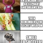 not funy | ANT ENCOUNTERS AN ELEPHANT AND DREAMS BIG; THEN REMEMBERS THE SECRET WEAPON; SMILE TO SUCCEED! | image tagged in 3 x 2 meme template | made w/ Imgflip meme maker