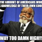 Sad but true | THE AMOUNT OF AMERICANS WHO LACK KNOWLEDGE OF THEIR OWN COUNTRY; IS WAY TOO DAMN HIGH!!!!!! | image tagged in memes,too damn high,america,stupid people,sad but true,truth | made w/ Imgflip meme maker
