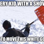 Kids shoveling for cash | EVERY KID WITH A SHOVEL; TIME TO MOVE THIS WHITE GOLD!!! | image tagged in blizzard,memes,shovel,earning cash,opportunity,sidewalks | made w/ Imgflip meme maker