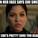 Silent but deadly | WHEN HER FACE SAYS SHE SMELT IT; AND SHE'S PRETTY SURE YOU DEALT IT | image tagged in echo smelt it | made w/ Imgflip meme maker
