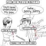 im late but im here anyways here it is | POV: NEW COVID STRAND; CORONA BEER; DELTA AIRLINES; GETTING NAMED DELTA | image tagged in you'll never understand my pain | made w/ Imgflip meme maker