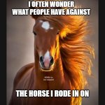 Horse | I OFTEN WONDER WHAT PEOPLE HAVE AGAINST; MEMEs by Dan Campbell; THE HORSE I RODE IN ON | image tagged in horse | made w/ Imgflip meme maker