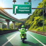 green e-moped taking an exit, board says "customer happiness"