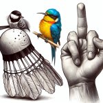 A badminton birdie, a bird, and a middle finger