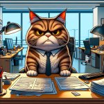 Grumpy cat in an office