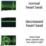 The scariest moment of my life... | normal heart beat; decreased heart beat; heart beat when parents say
"we need to talk" | image tagged in heart beat goes insane,memes,funny | made w/ Imgflip meme maker