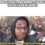 Allergies | ME: HAS ALLERGIES, AND HAVING PLEASANT DAY.
THE POLLEN ON MY HANDS:; HAPPINESS | image tagged in i am about to end this man s whole career,allergies,pollen | made w/ Imgflip meme maker