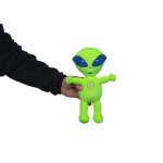 Funky green alien being held hostage by the tax attorney
