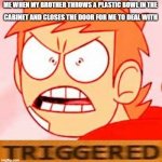 does this happen a lot to yall? | ME WHEN MY BROTHER THROWS A PLASTIC BOWL IN THE; CABINET AND CLOSES THE DOOR FOR ME TO DEAL WITH | image tagged in tord is triggered | made w/ Imgflip meme maker