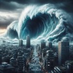 Tsunami destroying a City