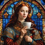 RENAISSANCE LADY WITH COFFEE CUP, STAINED GLASS WINDOW