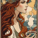 ART NOUVEAU COFFEE POSTER 10 LONG RED HAIR, COFFEE CUP