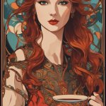 ART NOUVEAU COFFEE POSTER 14, PRETTY RED HAIR AND COFFEE CUP
